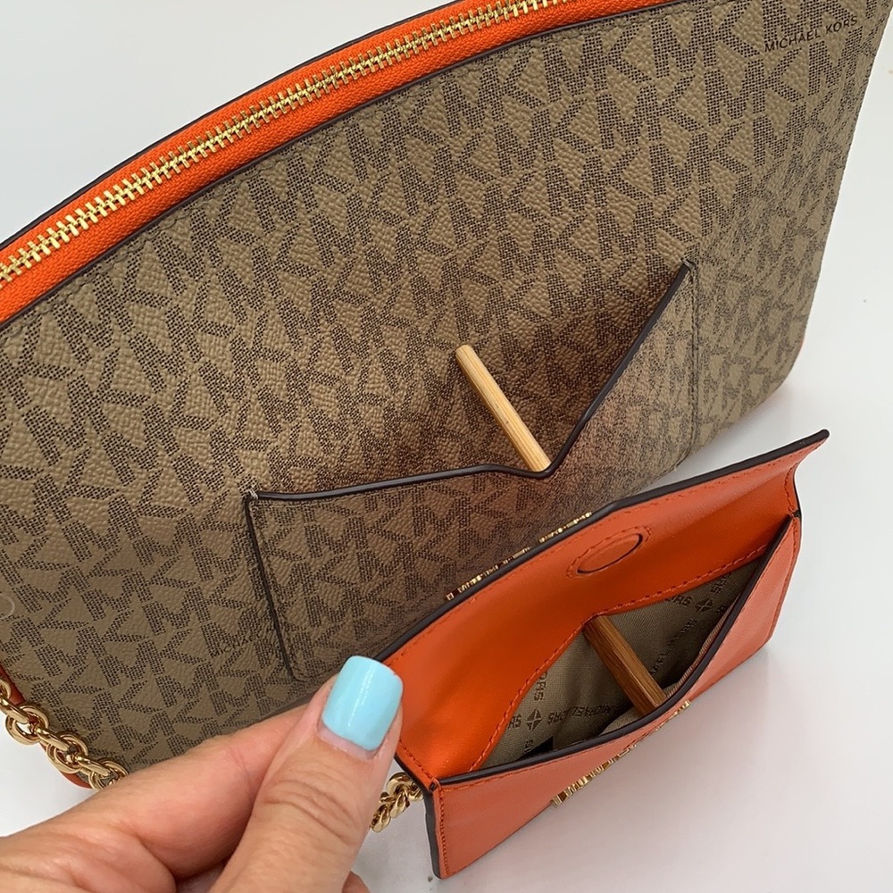 Michael Kors Jet Set LG 2 in 1 card case wristlet Wallet POPPY BROWN SIGNATURE - Picture 5 of 16